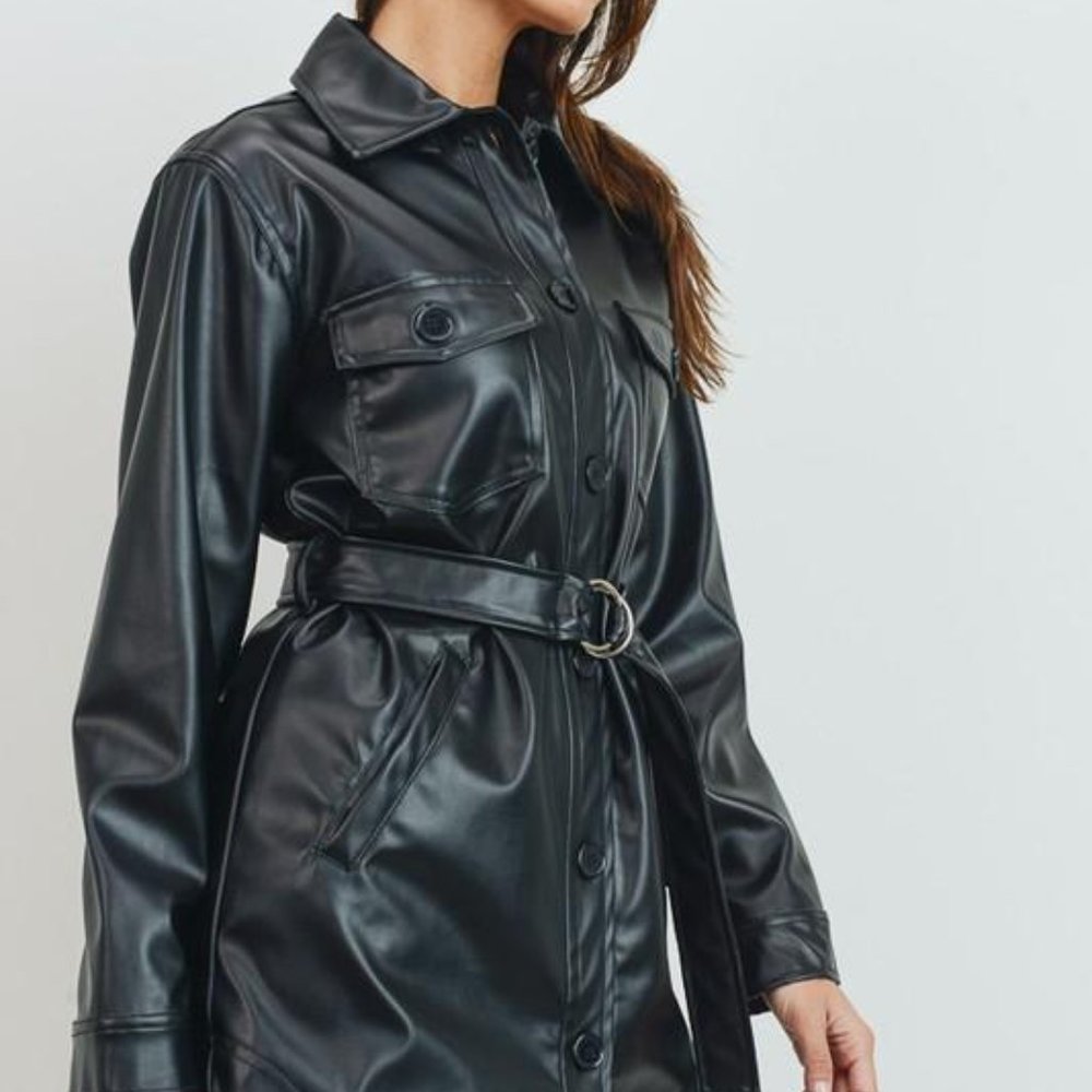 Sale! Black Faux Leather Belted Jacket Top - Picture 3 of 7